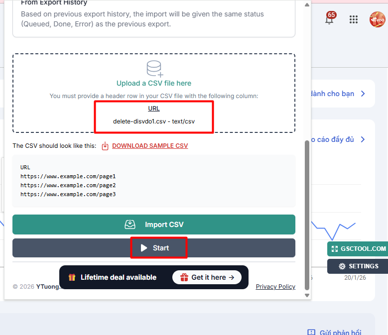 Chọn file CSV và bấm start