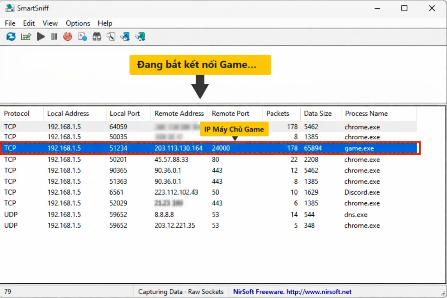 Cách sử dụng SmartSniff kiểm tra IP server game