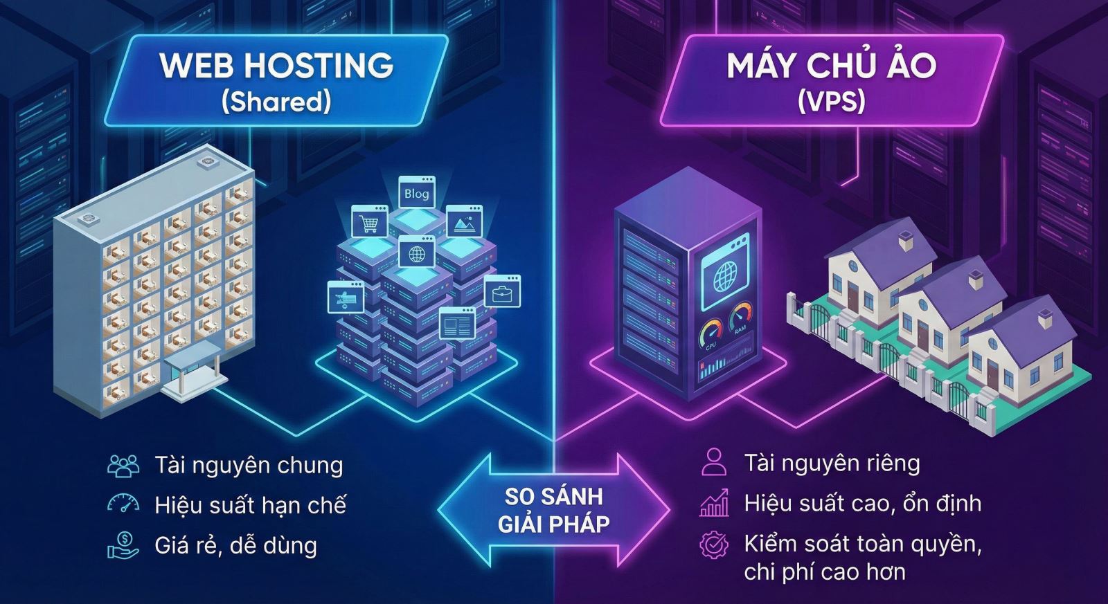 phân biệt giữa máy chủ ảo và web hosting