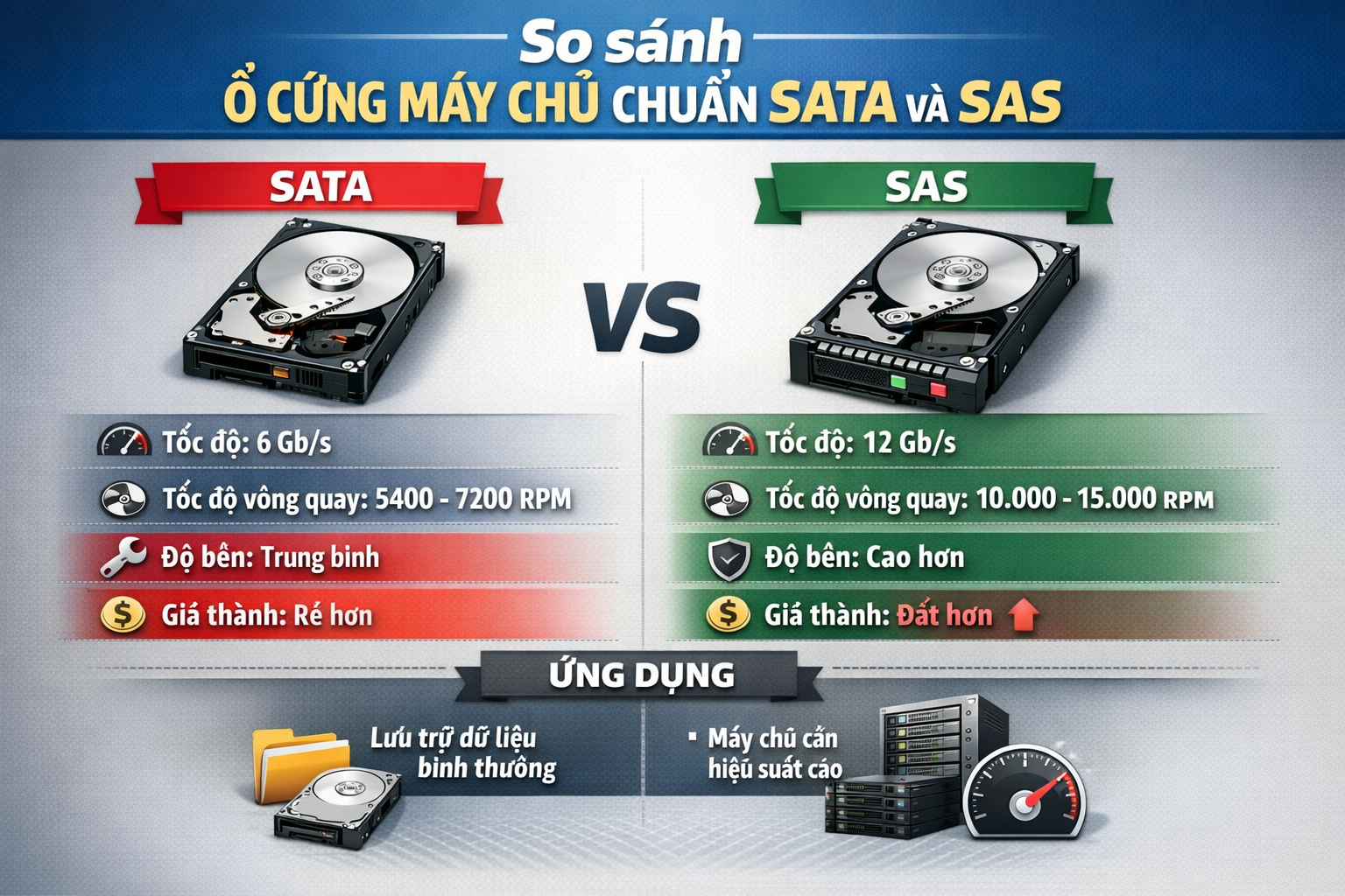 So sánh ổ cứng máy chủ chuẩn SATA và SAS chi tiết: nên chọn loại nào?